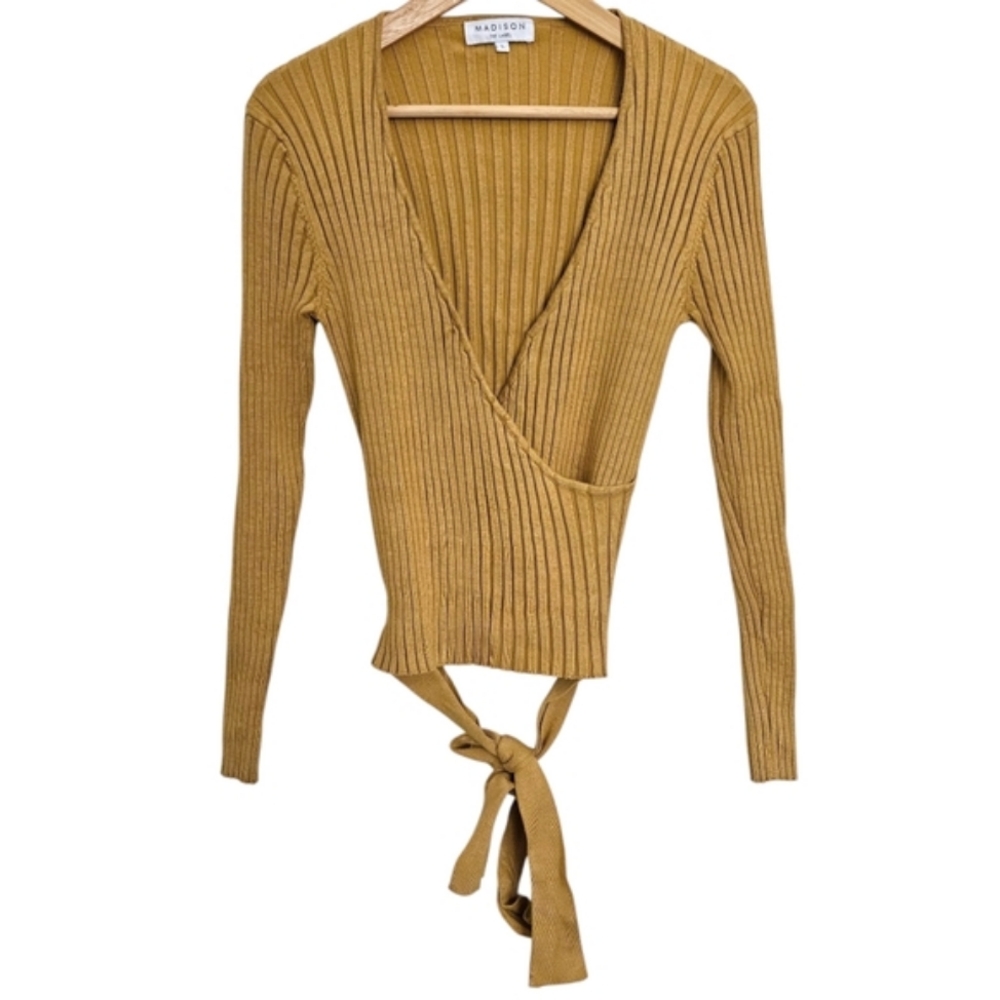 Madison‎ the Label Lahana Knit Wrap Top Mustard Yellow Ribbed Large